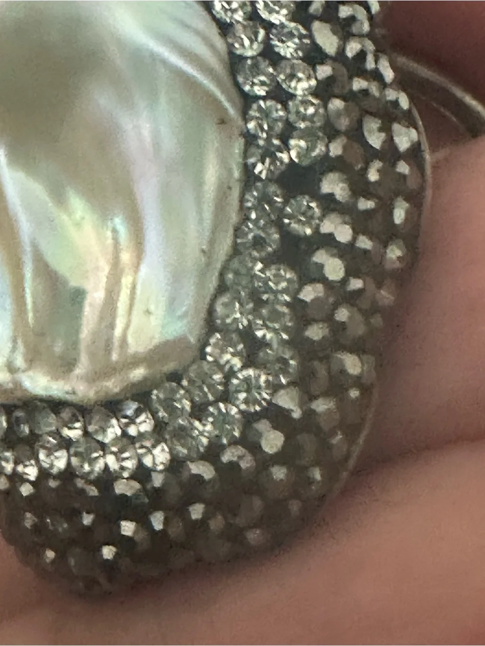 Large Baroque Pearl nestled in 5 rows crystals silver 925 stamped Ring